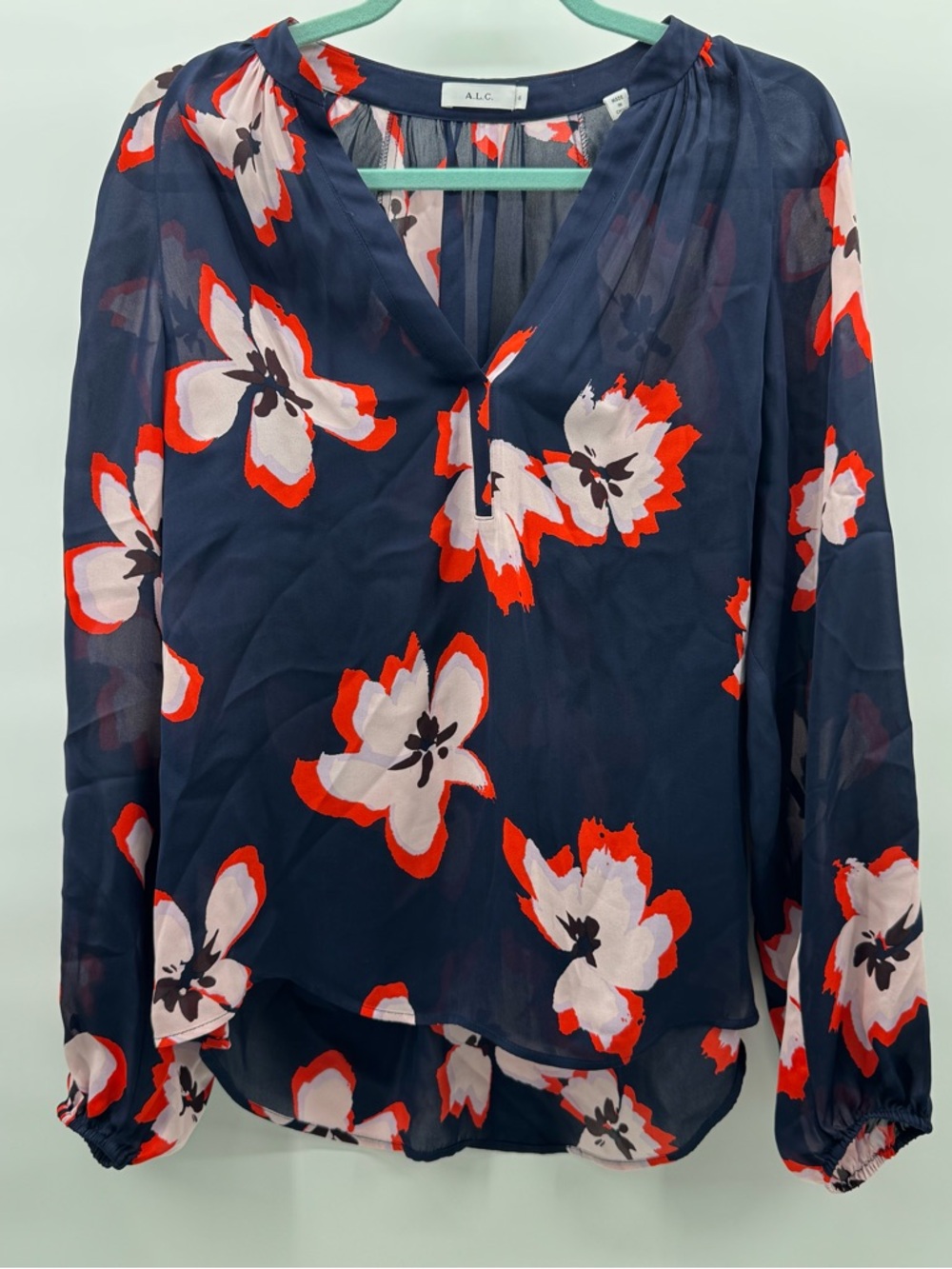 A.L.C. Navy Floral V-Neck Sheer Blouse with Red and White Accents 100%silk sz6